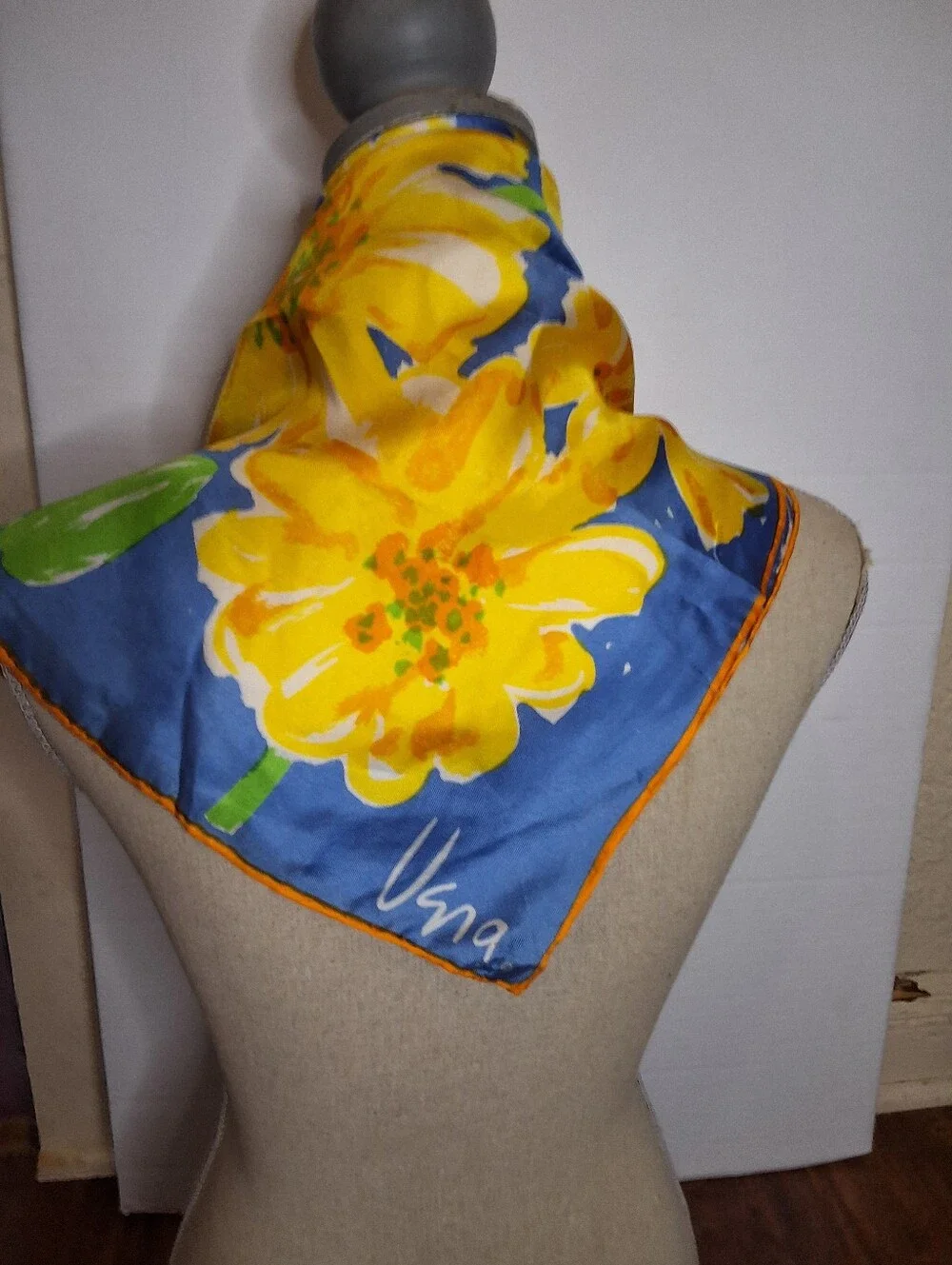 Vera Neumann Silk Scarf Blue Yellow Floral Sun Print Vintage Signed Square Scarf